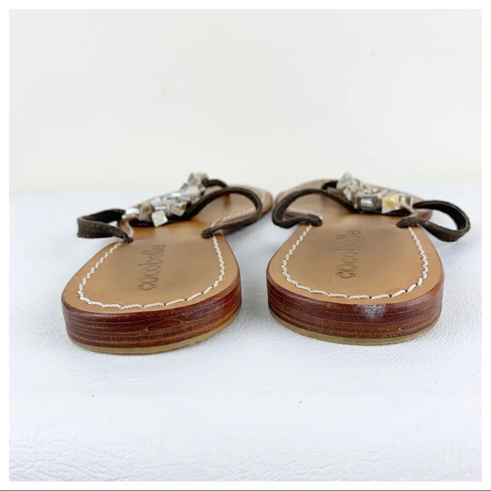 Cocobelle Brown Suede Leather Stone Beaded Thong Flat Sandal 10‎